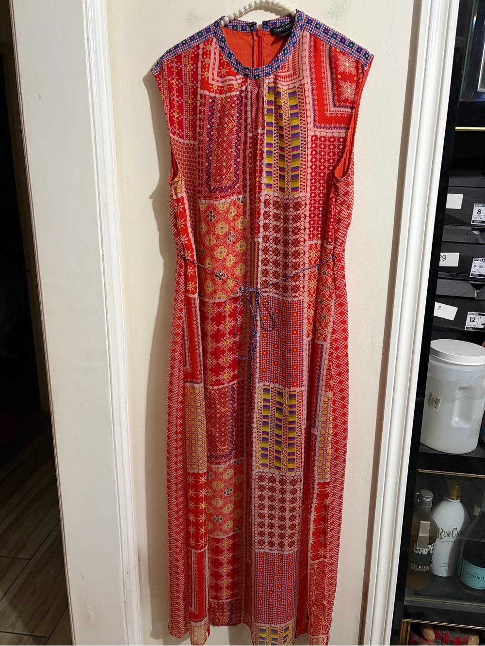 Sleeveless Red Patchwork Tie-Waist Maxi Dress